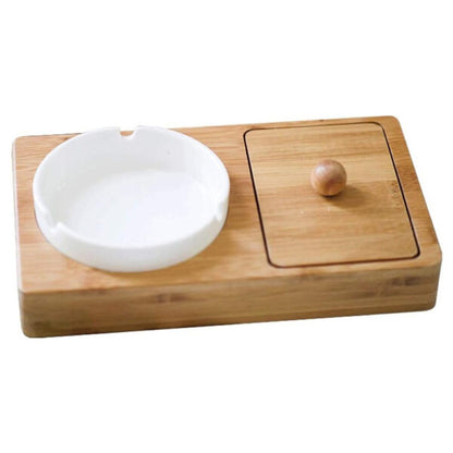 Ceramic Ashtray With Bamboo Base & Storage Box