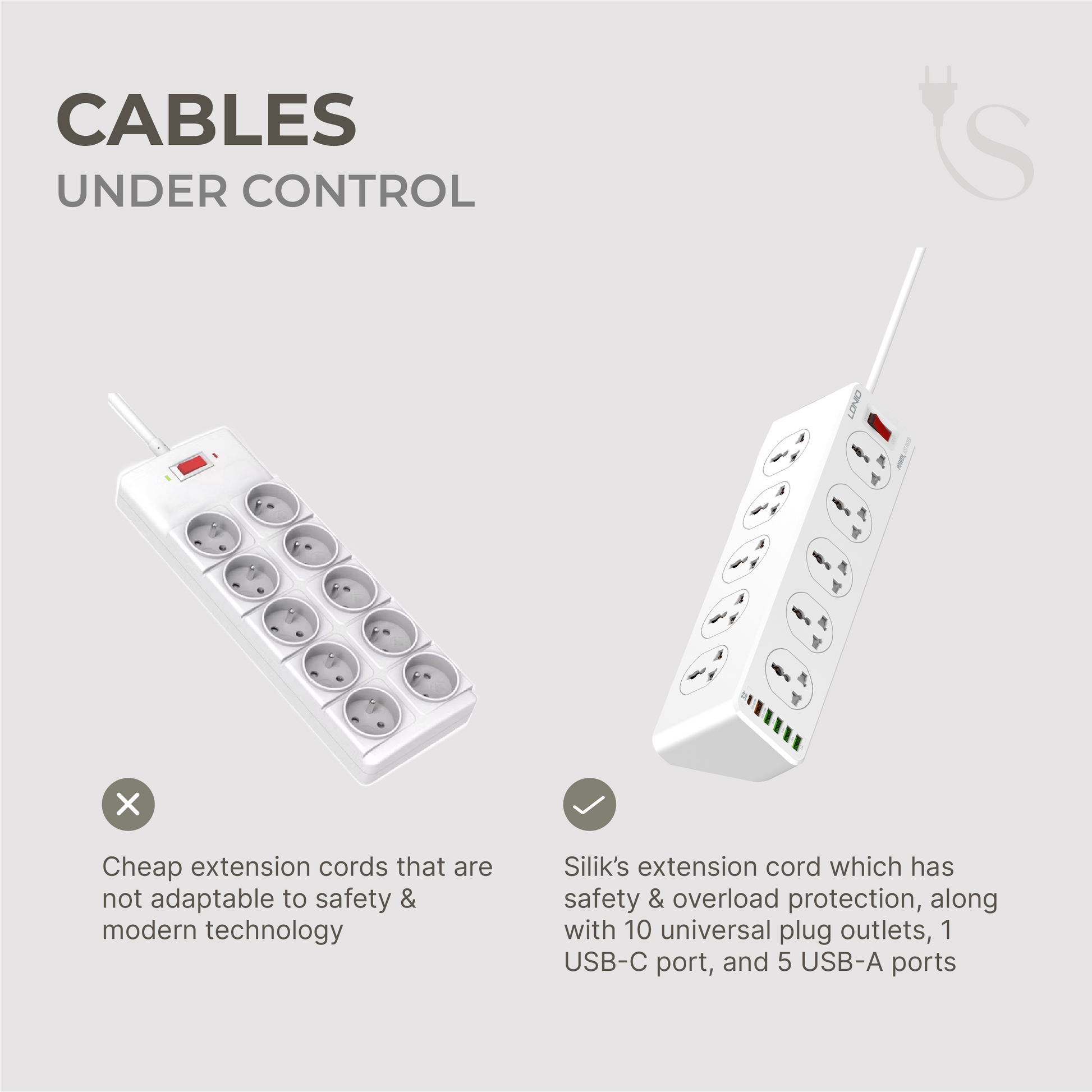 Extension Cord (10 outlets, 5USB-A, 1 USB-C)