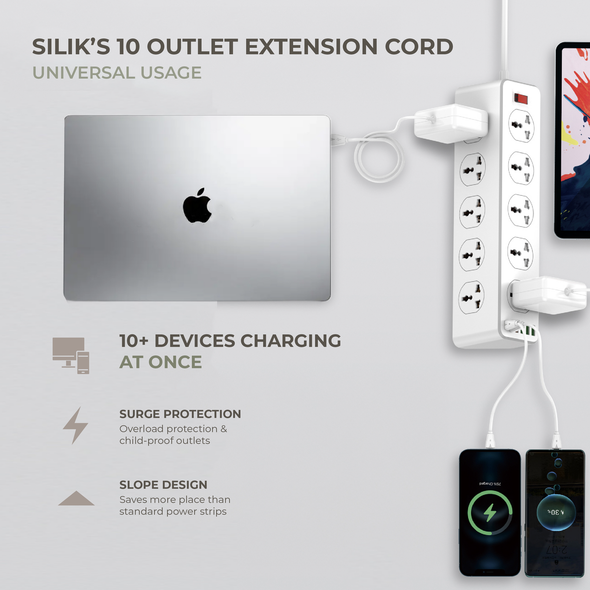 Extension Cord (10 outlets, 5USB-A, 1 USB-C)
