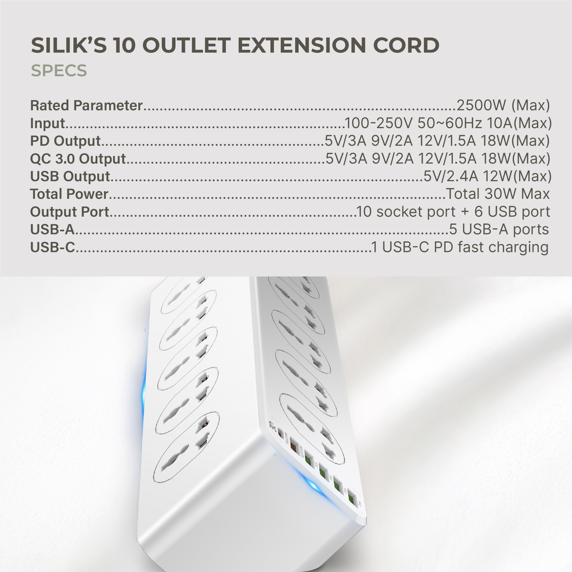 Extension Cord (10 outlets, 5USB-A, 1 USB-C)