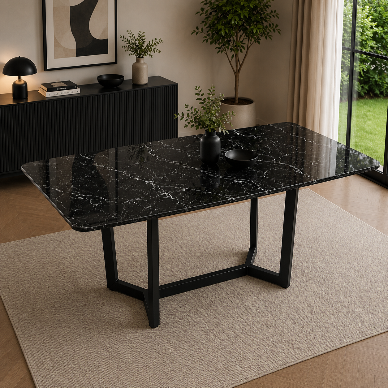 Reality Colonia Black Glass Marble Look Dining Table