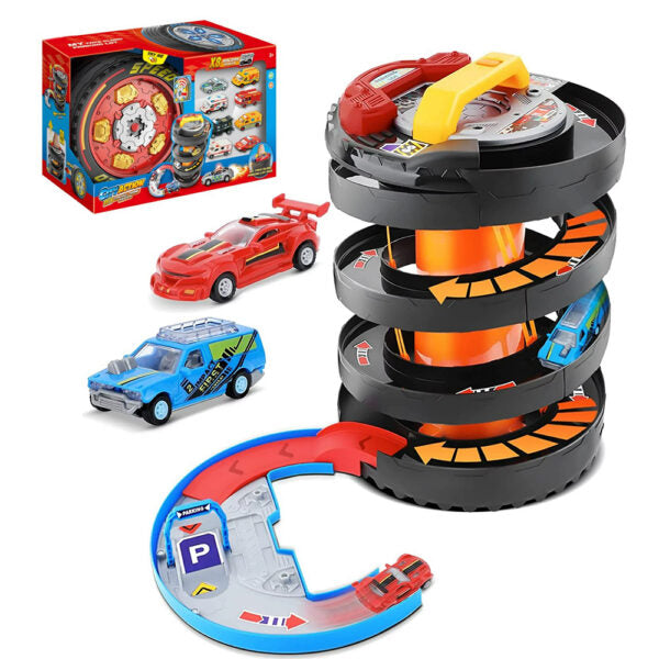 Garage Track Play Set And Carry Case With 8 Vehicles