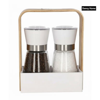 Danny Home 2-Pcs Salt & Pepper Grinder Mill With Rack Holder Wooden Handle