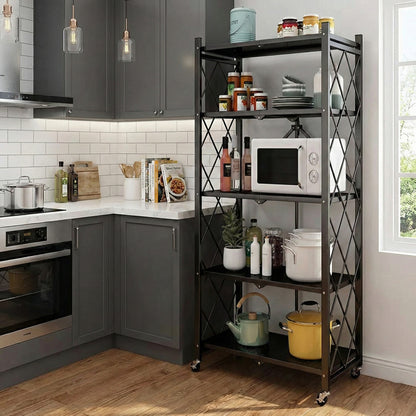 5-Tier Heavy Duty Foldable Storage Shelves With Wheels for Garage Kitchen, Basement & Pantry (W72 x D36 x H163)cm – Black
