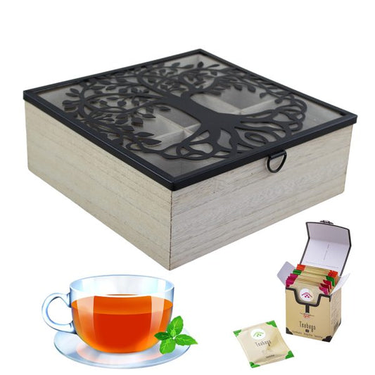 Bamboo 9-Section Tea Box With Glass Lid