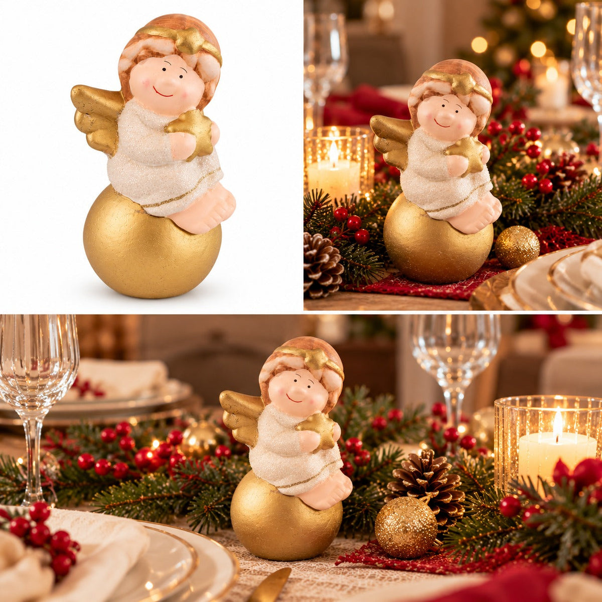 Seasons Ceramic Christmas Angel Figurine – White & Gold – Approx. 18 cm