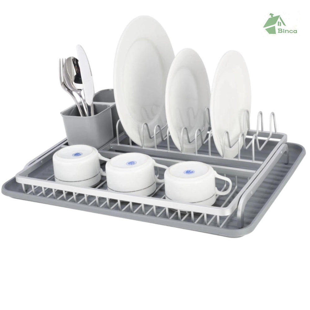 Binca Aluminum Lux Dish Drying Rack with Cutlery Holder and Drip Tray