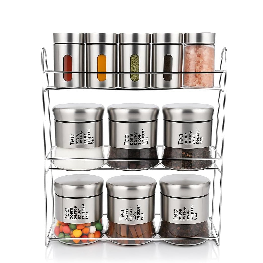 11-Pcs Stainless Steel Glass Seasoning & Spices Rack Set – 100/400ml #CB-TWJ14