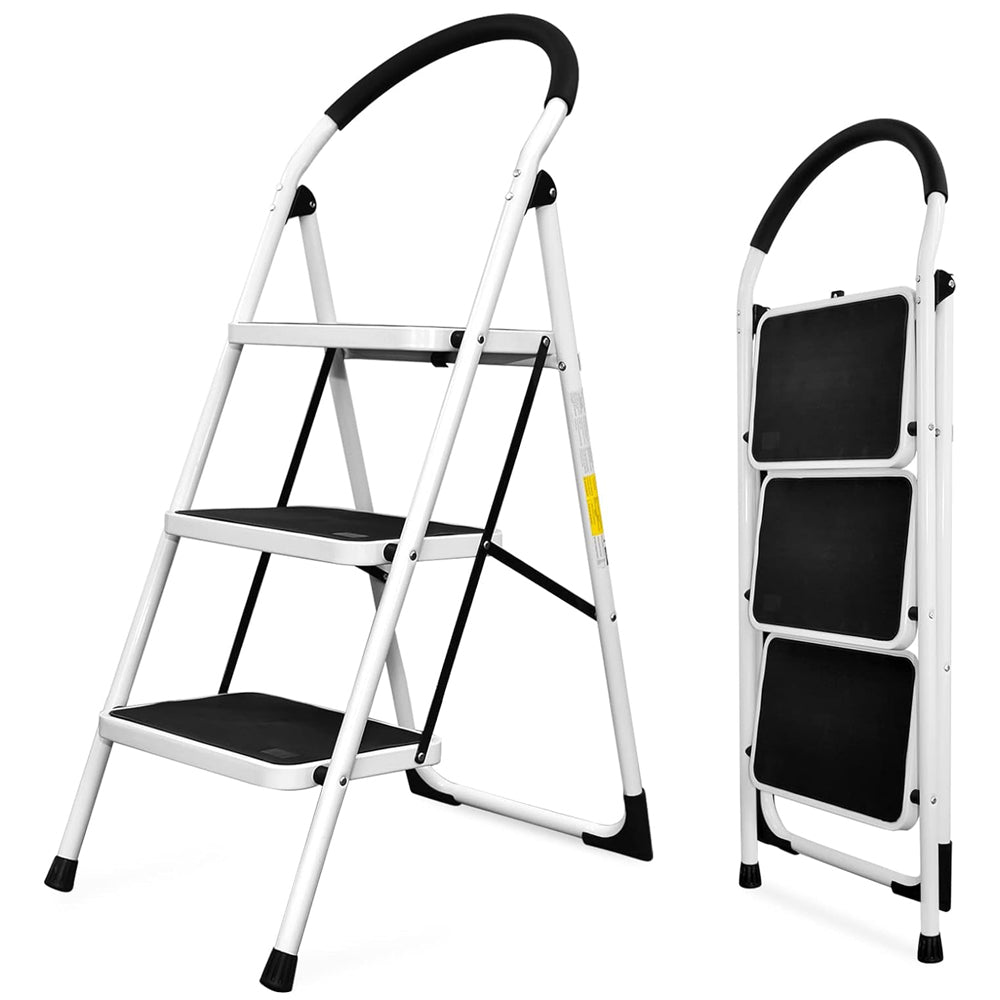 Metal Folding Ladder Handgrip Anti-Slip and Wide Pedal-White