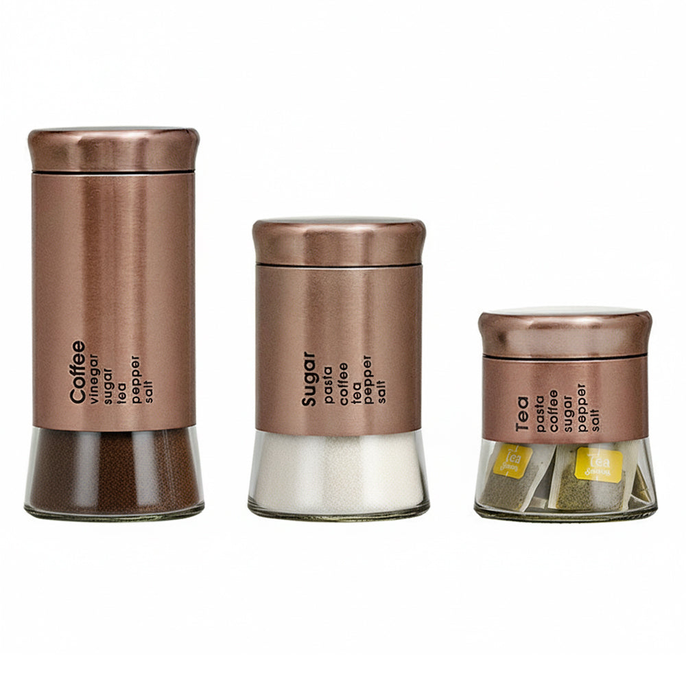 3-Pcs Stainless Steel With Glass Sugar Tea Coffee Canister Set Bronze-390/590/840ml