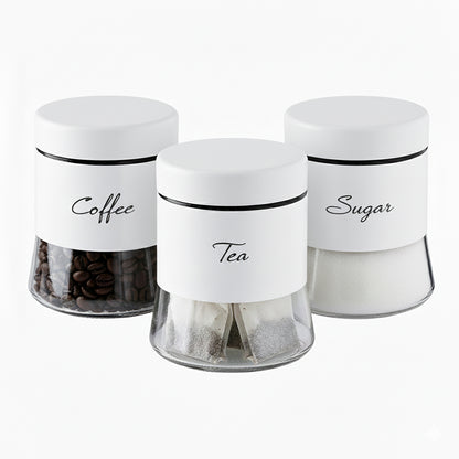 3-Pcs Stainless Steel With Glass Sugar Tea Coffee Canister Set Matte White-400ml