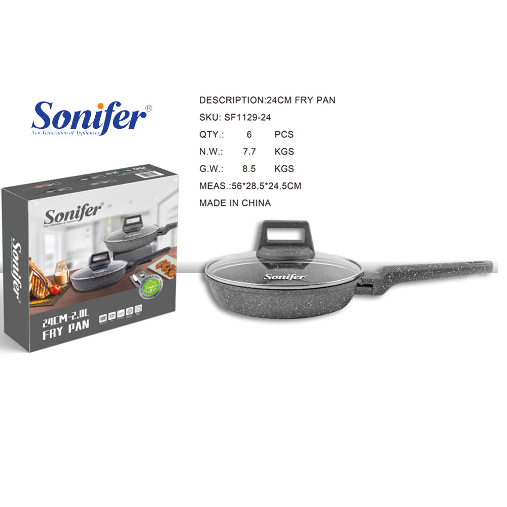 Sonifer 20/22/24/26/28/30/32cm  Wear-Resistant Non-Stick Granite Fry Pan With Glass Lid SF-1129 Grey