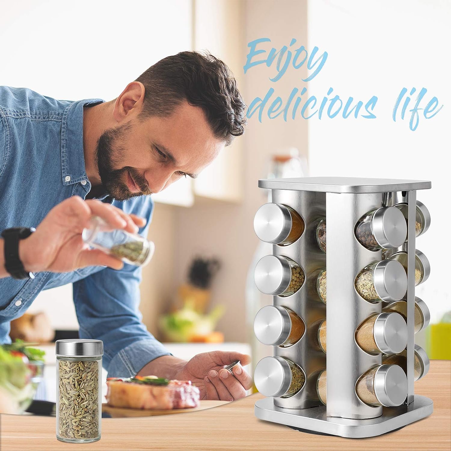 16-JARS 100ML Stainless Steel Rotating Seasoning Spice Jar Set