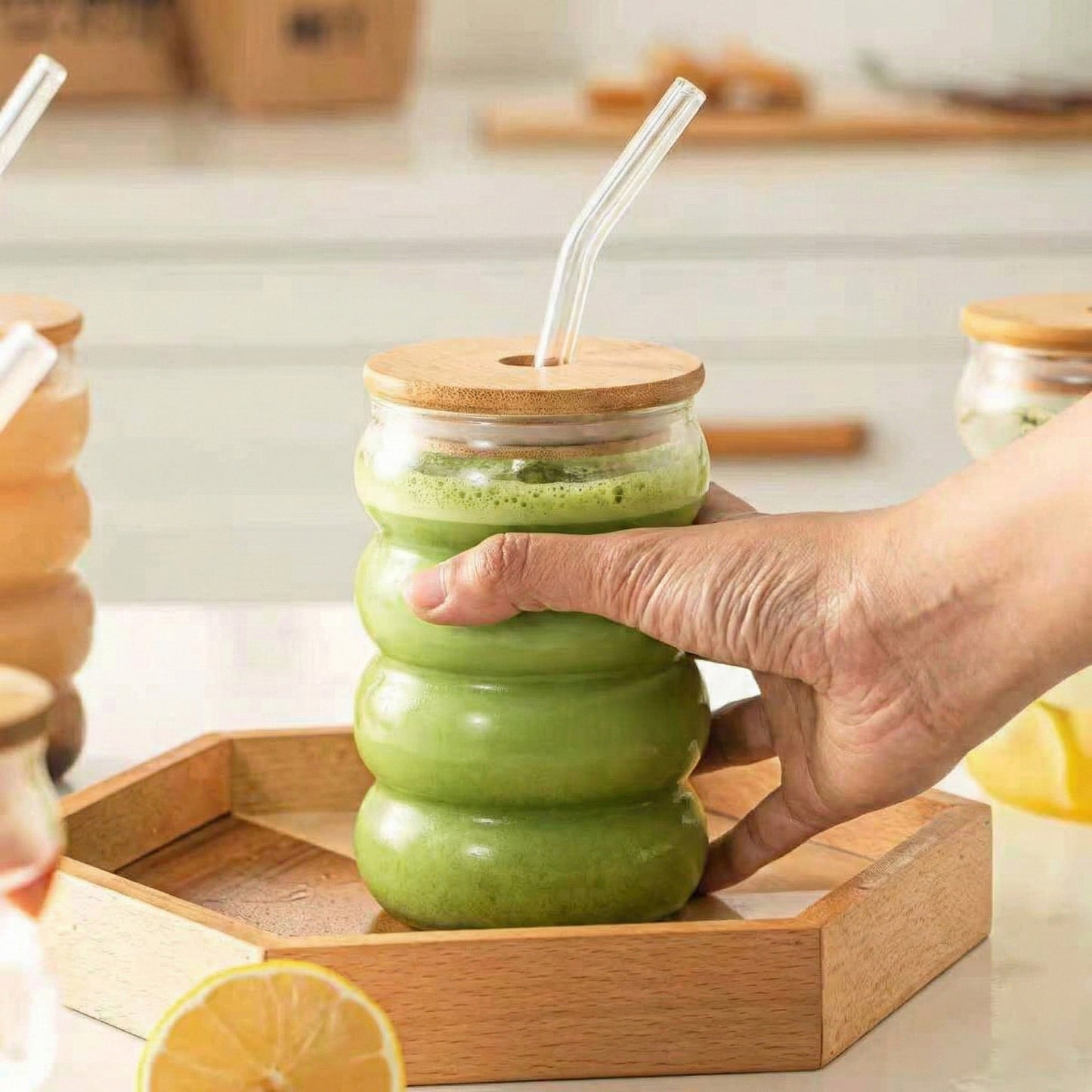 Matcha Wave Shaped Glass Tumblers Drinking with Lid and Straw – 350ml