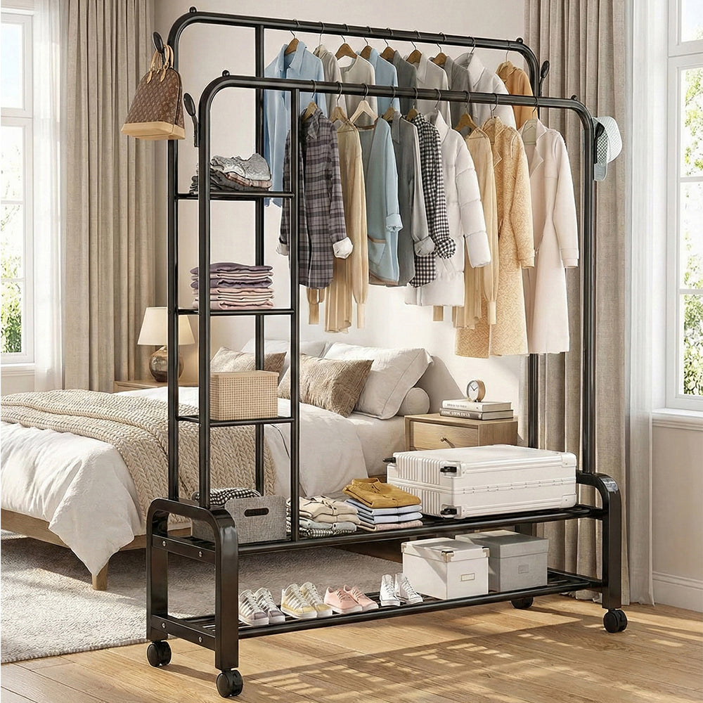 2-in-1 Modern Wheeled Garment Rack with 3-Tier Storage Shelf Hold 68KG (H110 x D57 x W150)cm