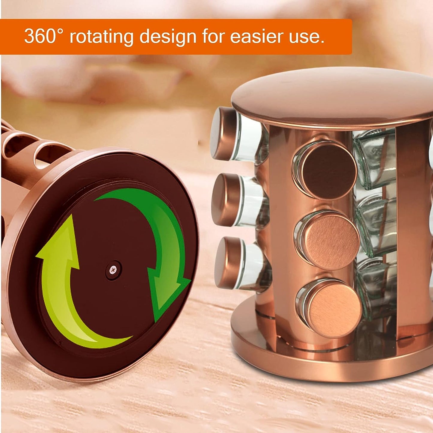 12 Spice Jars Spice Carousel Stainless Steel 360° Rotatable Copper Color
