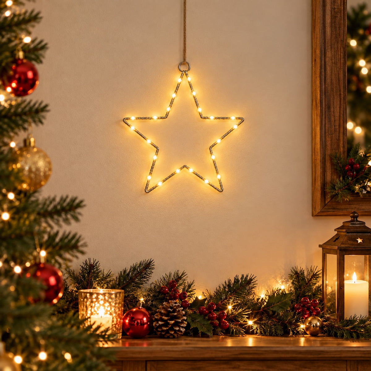Noël LED Star Silhouette – 30 Warm White LEDs,  30 × 30 cm