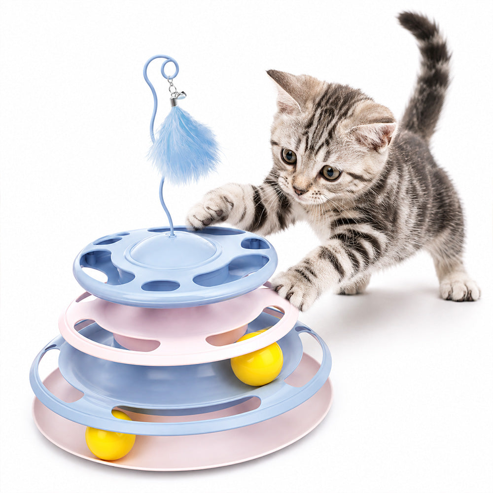 3-Level Interactive Cat Toy with Feather Teaser & Track Balls MB372