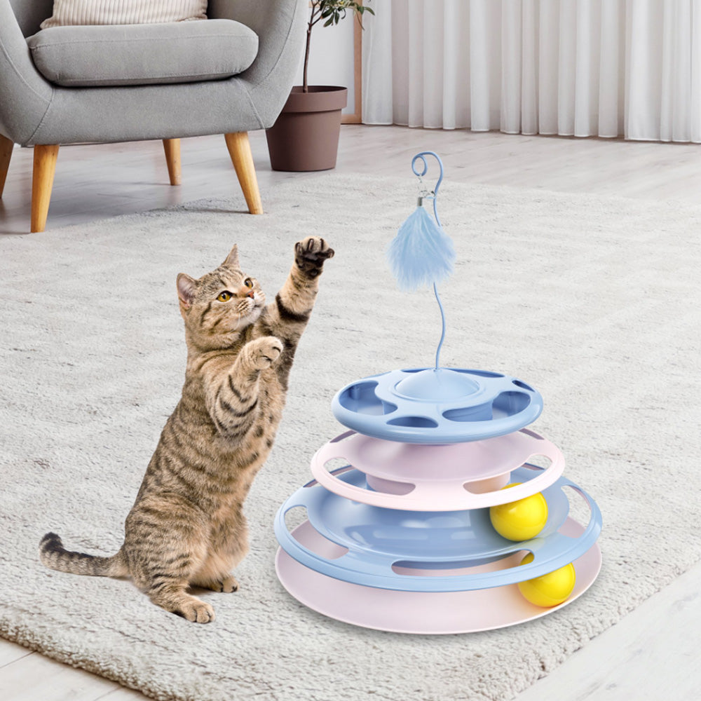 3-Level Interactive Cat Toy with Feather Teaser & Track Balls MB372