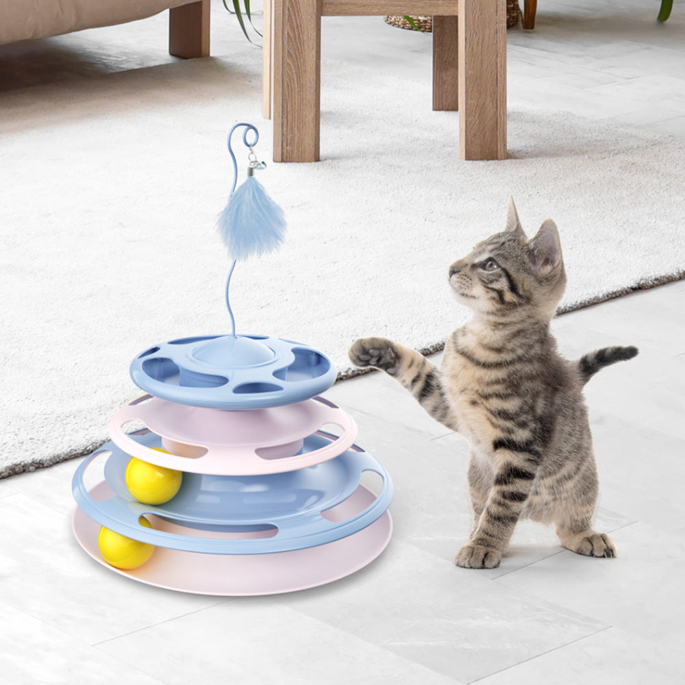 3-Level Interactive Cat Toy with Feather Teaser & Track Balls MB372