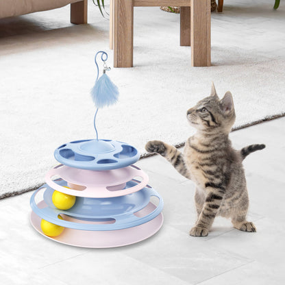 3-Level Interactive Cat Toy with Feather Teaser & Track Balls MB372