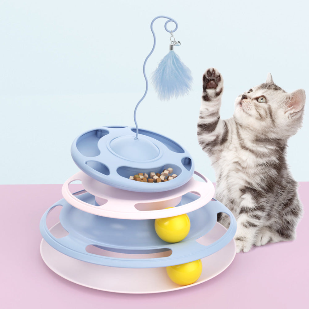 3-Level Interactive Cat Toy with Feather Teaser & Track Balls MB372