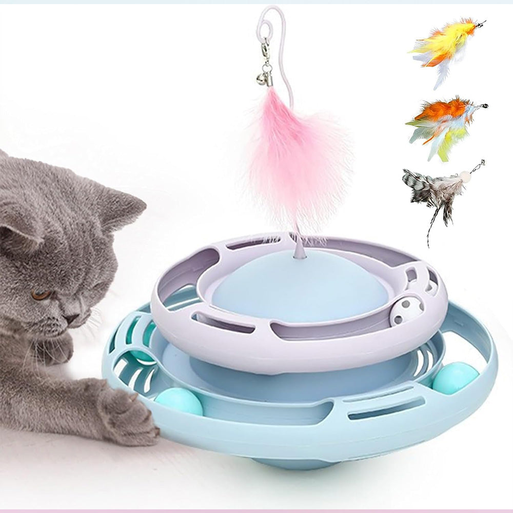 3-Level Interactive Cat Toy with Feather Teaser & Track Balls MB372
