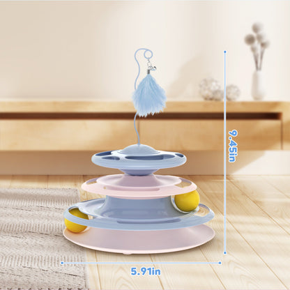 3-Level Interactive Cat Toy with Feather Teaser & Track Balls MB372