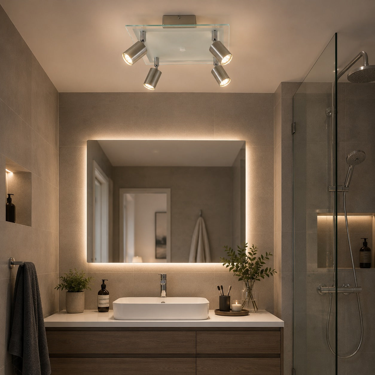 Micasa SHIDO II 4-Light LED Ceiling Spotlight 26 cm – Satin Nickel | Adjustable GU10 Spotlights