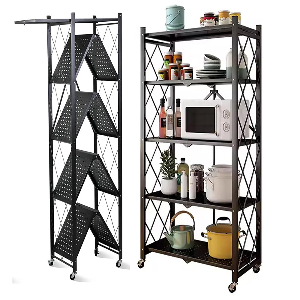 5-Tier Heavy Duty Foldable Storage Shelves With Wheels for Garage Kitchen, Basement & Pantry (W72 x D36 x H163)cm – Black