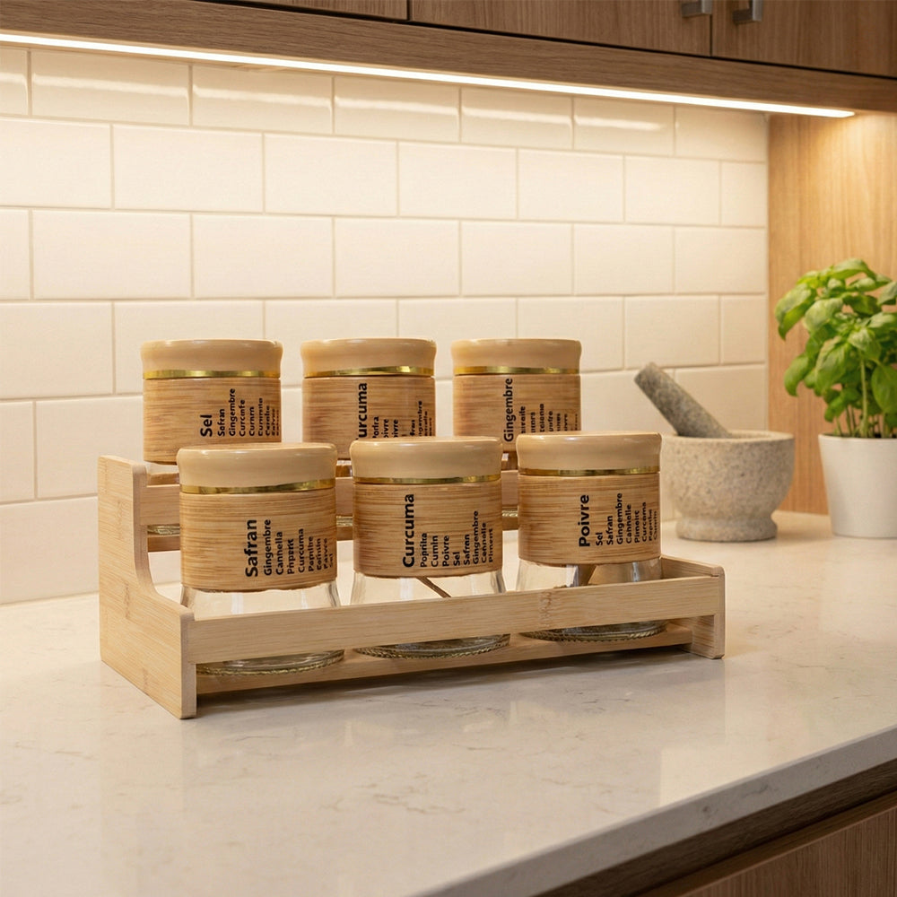 Bamboo Spice Rack Set with 6 Glass Jars Plastic Lid – 400 #CB-TWJ36