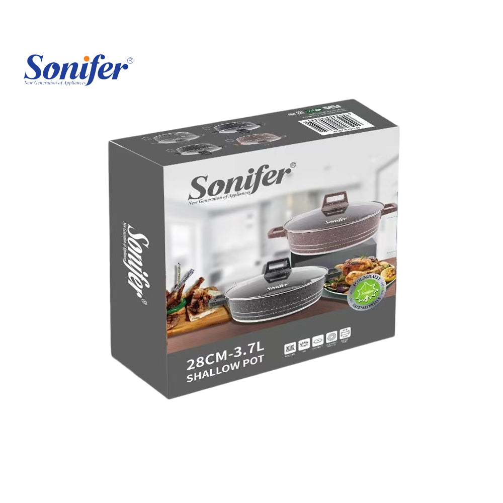 Sonifer 28/32/36/40cm Wear-Resistant Non-Stick Granite Shallow Pot with Glass Lid SF-1173 Black