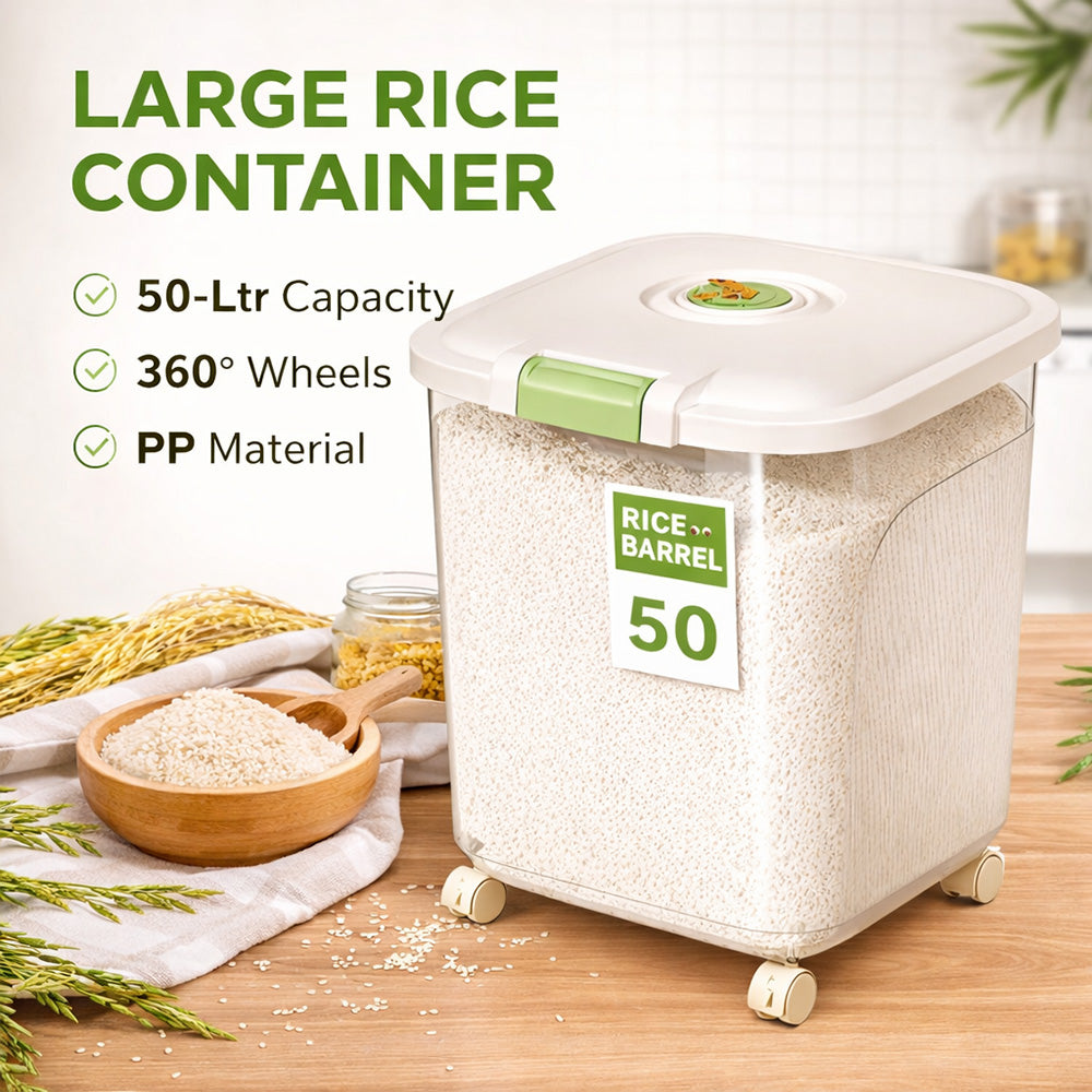 Leak-Proof Rice Storage Container – 50L Airtight PP Bin with Wheels
