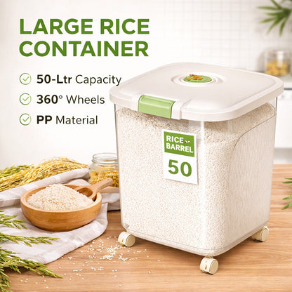 Leak-Proof Rice Storage Container – 50L Airtight PP Bin with Wheels