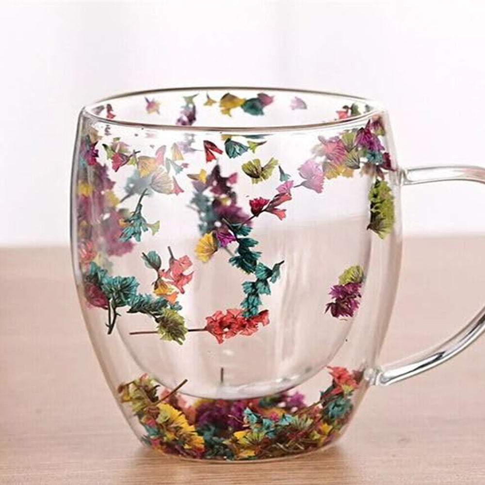 Dried Flowers Double Wall Clear Glass Coffee Mugs – 250ml