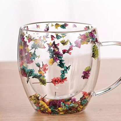 Dried Flowers Double Wall Clear Glass Coffee Mugs – 250ml