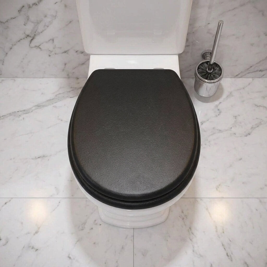 Wenko Toilet Seat Black – Soft Close MDF WC Seat with Leather Look Design