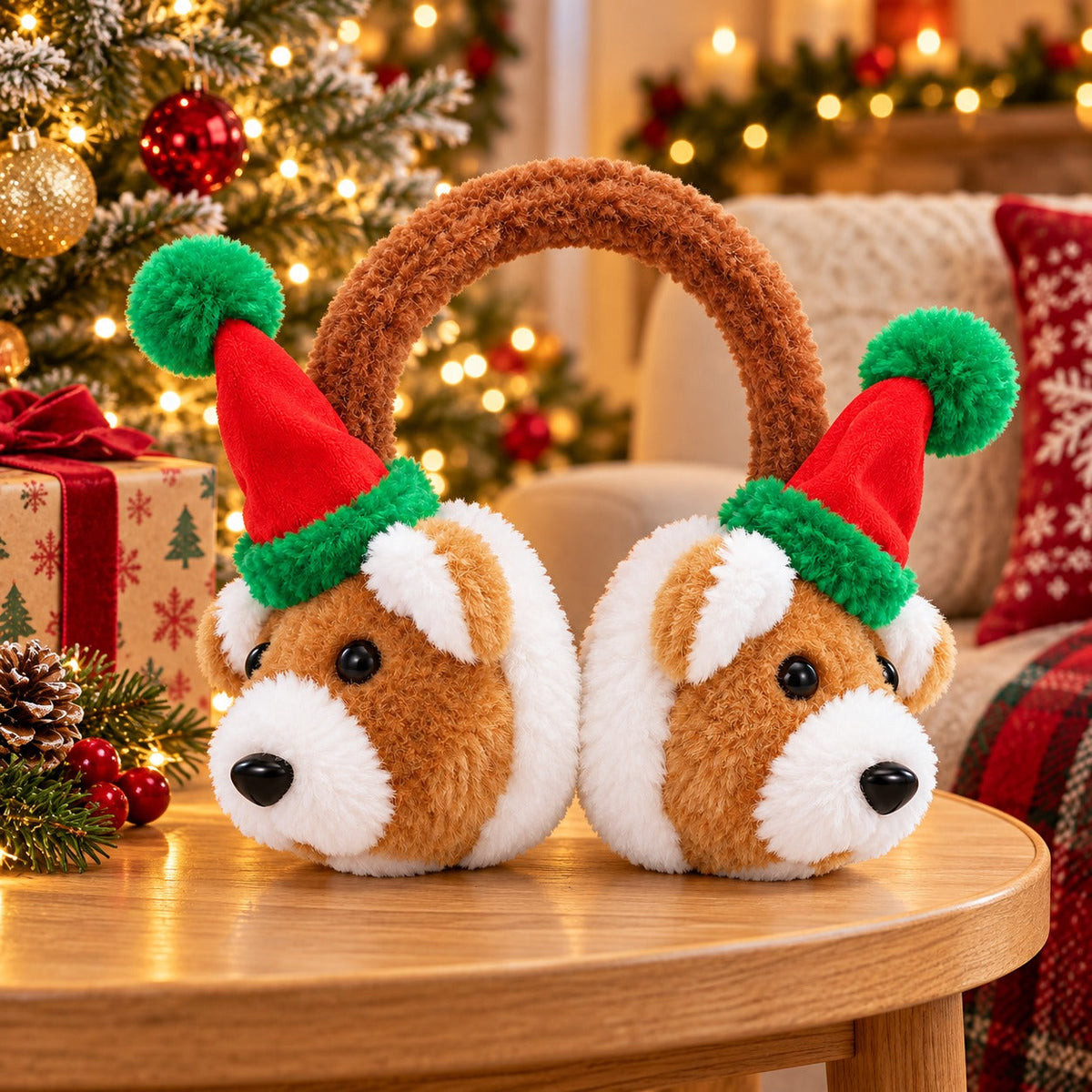 Winter Traditional Christmas Plush Dog Earmuffs – Brown, White, Red & Green