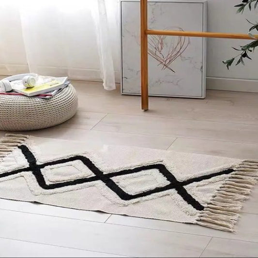 100% Natural Cotton Rug,Carpet, Bed Side Runner with Tassels for Bedroom,Living Room (60×130)cm