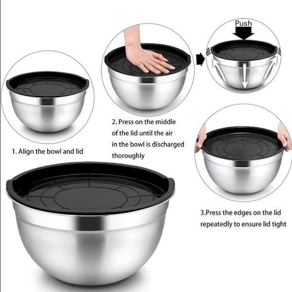 3-Pieces Stainless Steel Salad Bowl with Lid Set