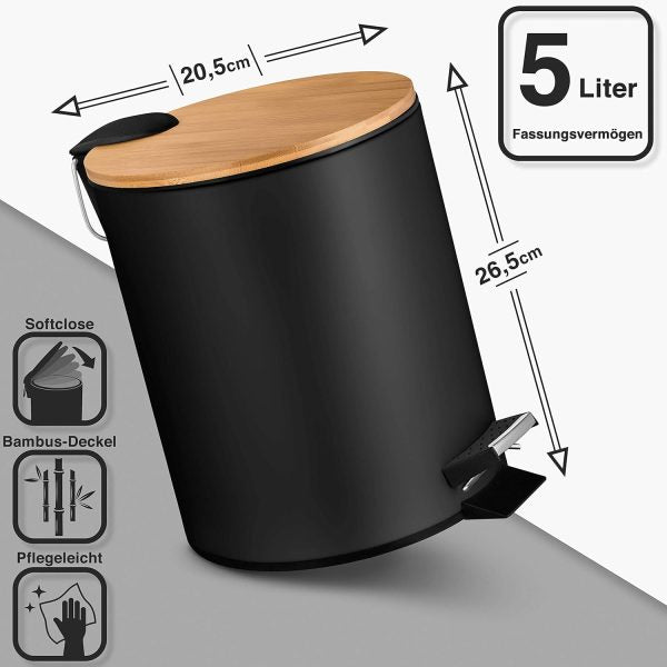 5-Liter Metal Trash Can with Bamboo lid and Pedal