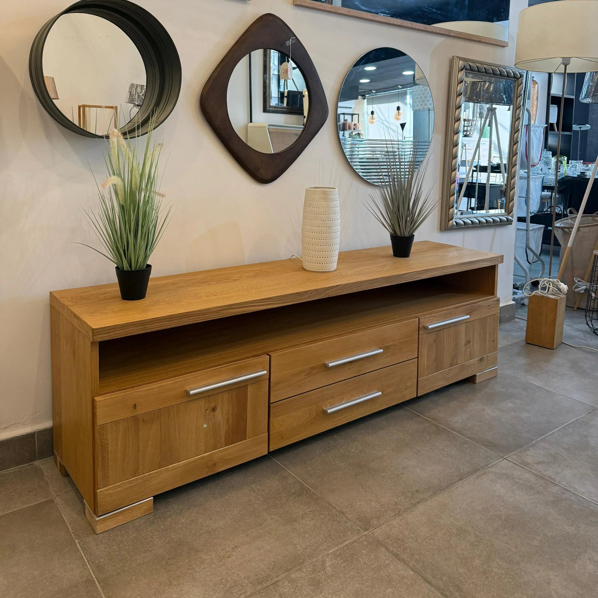 Oak TV Unit & Veneered MDF Cabinet with Storage & Cable Management