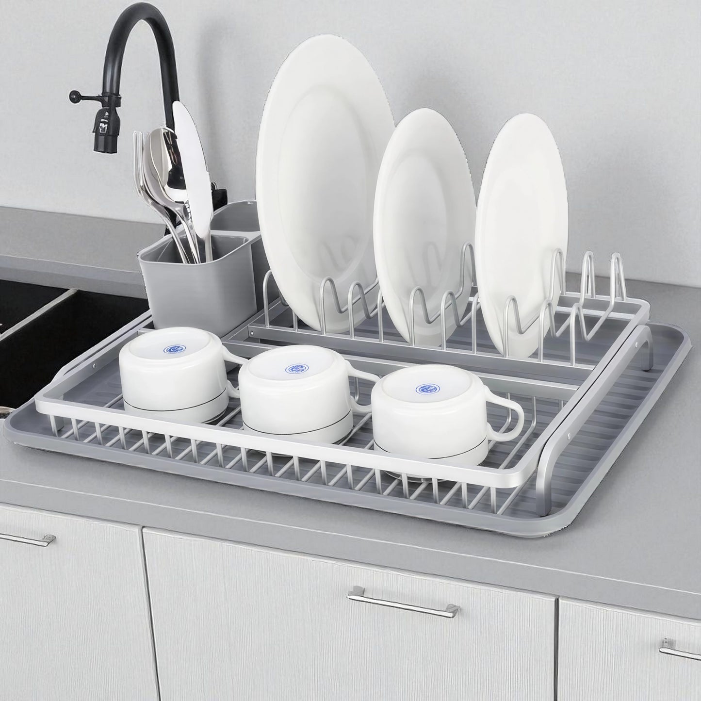 Binca Aluminum Lux Dish Drying Rack with Cutlery Holder and Drip Tray