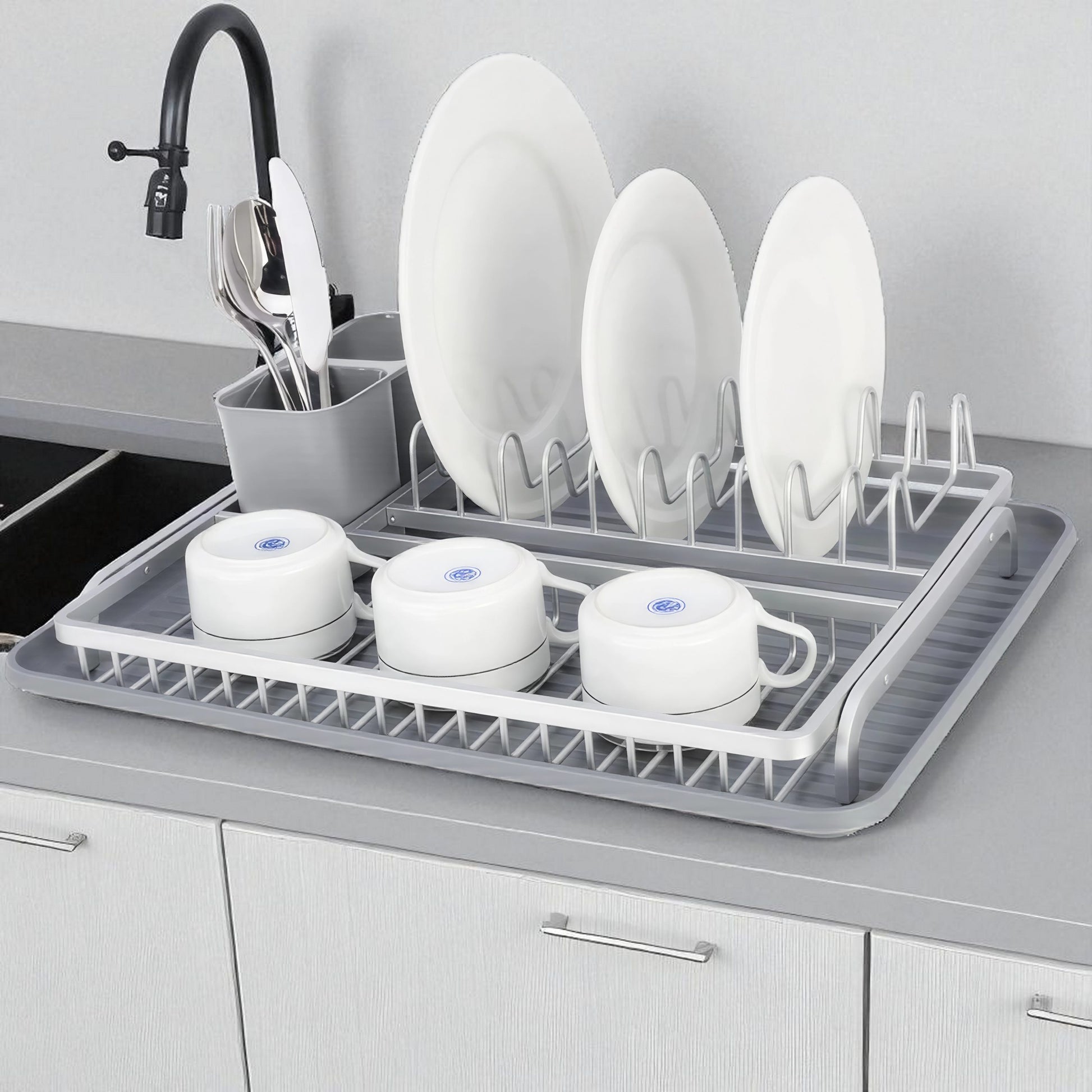 Binca Aluminum Lux Dish Drying Rack with Cutlery Holder and Drip Tray
