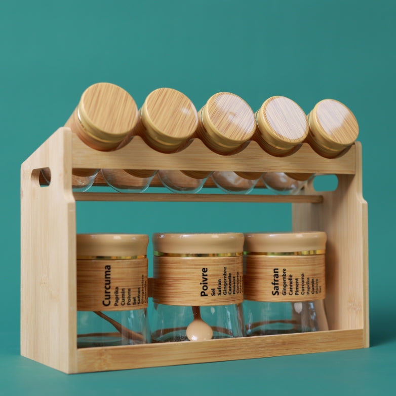 Bamboo Spice Rack Set with 8 Glass Jars Plastic Lid – 400/100ml #CB-TWJ34