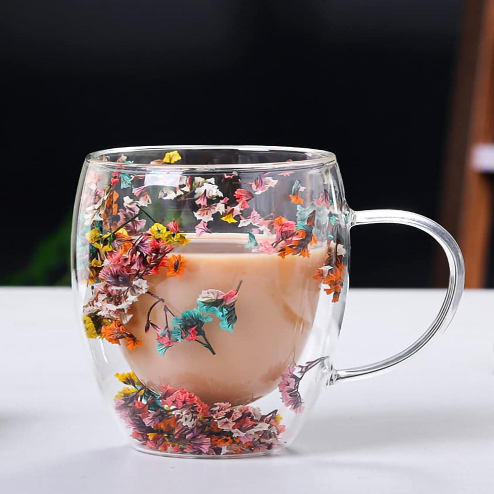 Dried Flowers Double Wall Clear Glass Coffee Mugs – 250ml