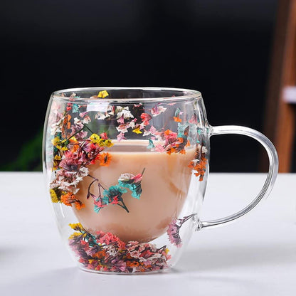 Dried Flowers Double Wall Clear Glass Coffee Mugs – 250ml
