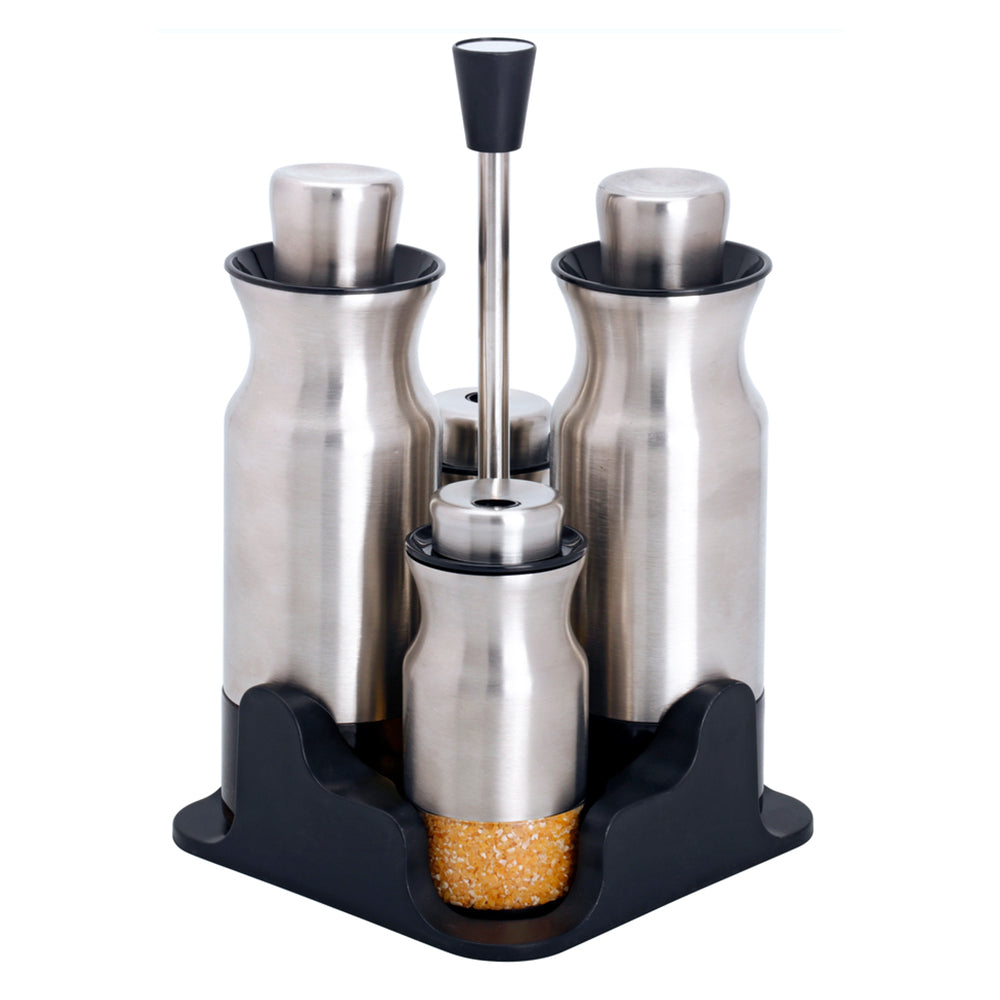 4-Pieces Stainless Steel Salt and Pepper Shakers+Oil and Vinegar Cruets