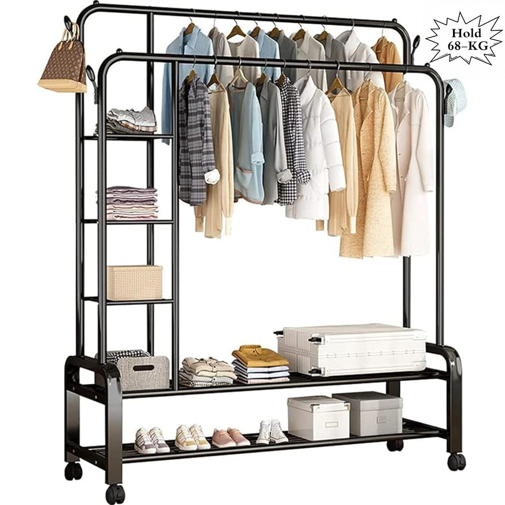 2-in-1 Modern Wheeled Garment Rack with 3-Tier Storage Shelf Hold 68KG (H110 x D57 x W150)cm