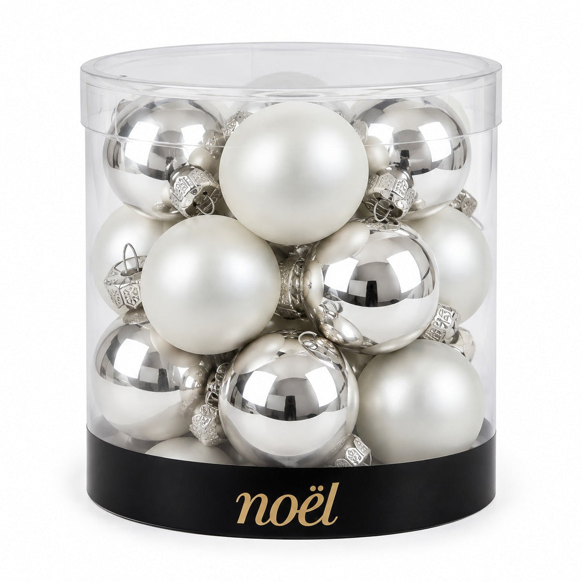 Noël Mini Christmas Baubles – Set of 15 – Silver & Pearl
